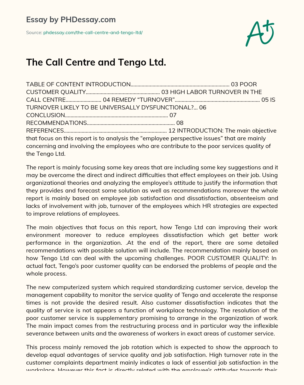 The Call Centre and Tengo Ltd. essay