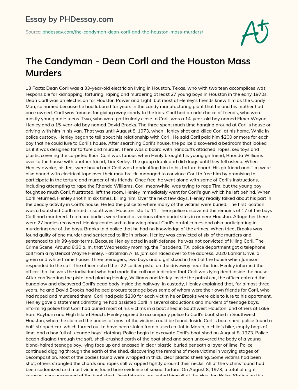The Candyman – Dean Corll and the Houston Mass Murders essay