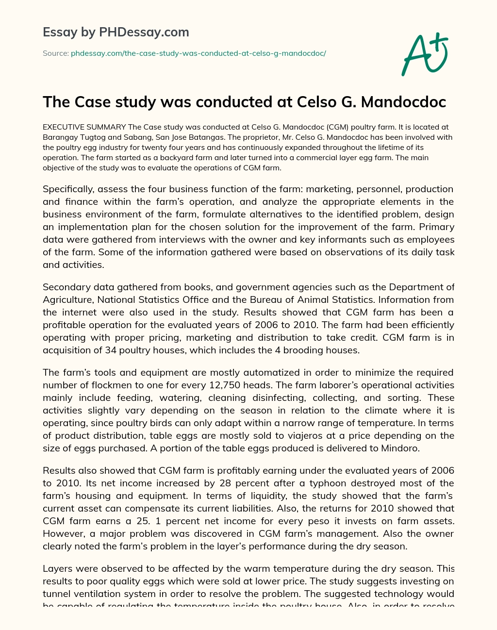 The Case study was conducted at Celso G. Mandocdoc essay