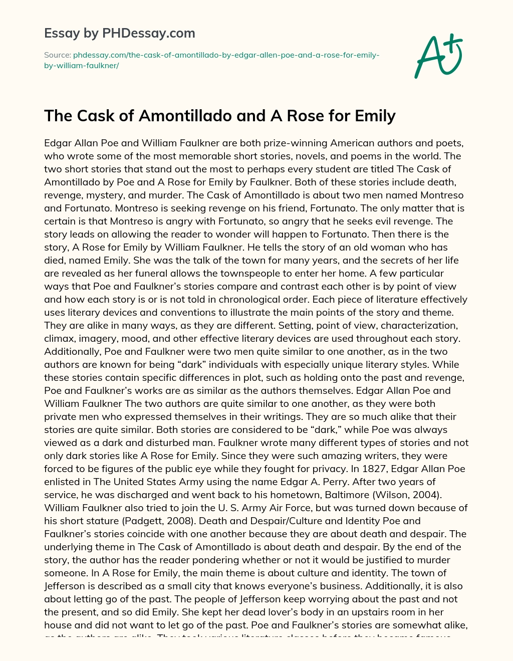 The Cask of Amontillado and A Rose for Emily essay