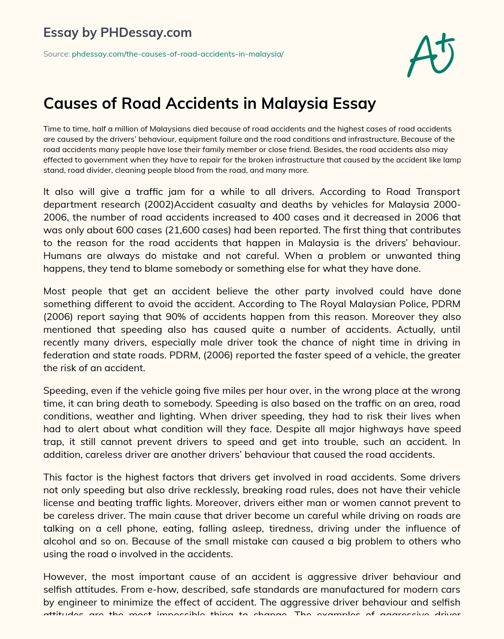Causes of Road Accidents in Malaysia Essay essay