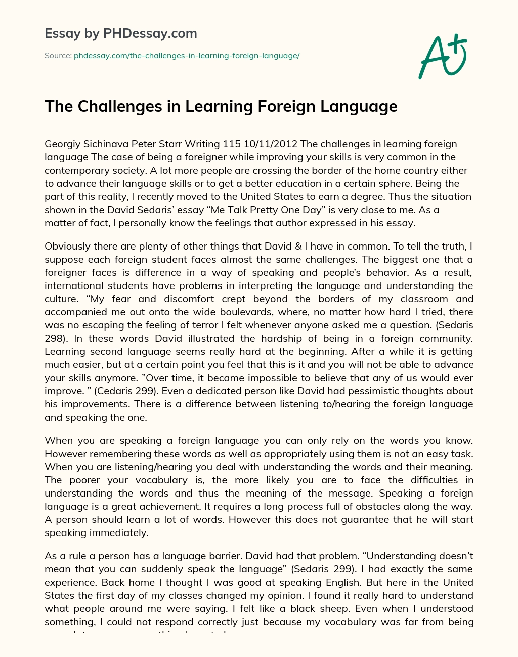 The Challenges in Learning Foreign Language essay