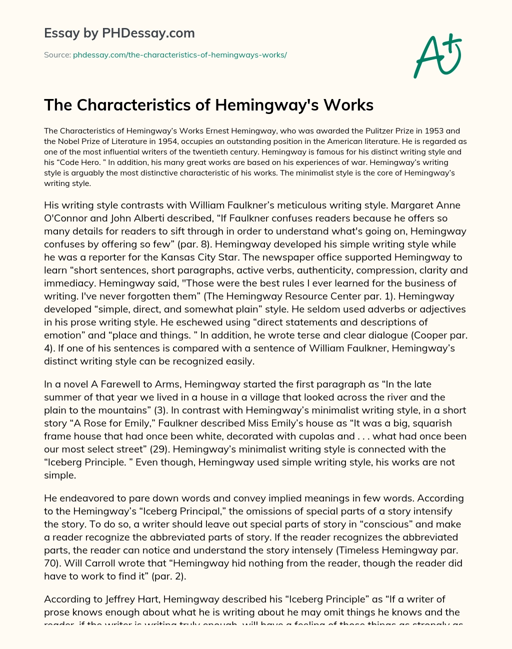 The Characteristics of Hemingway’s Works essay