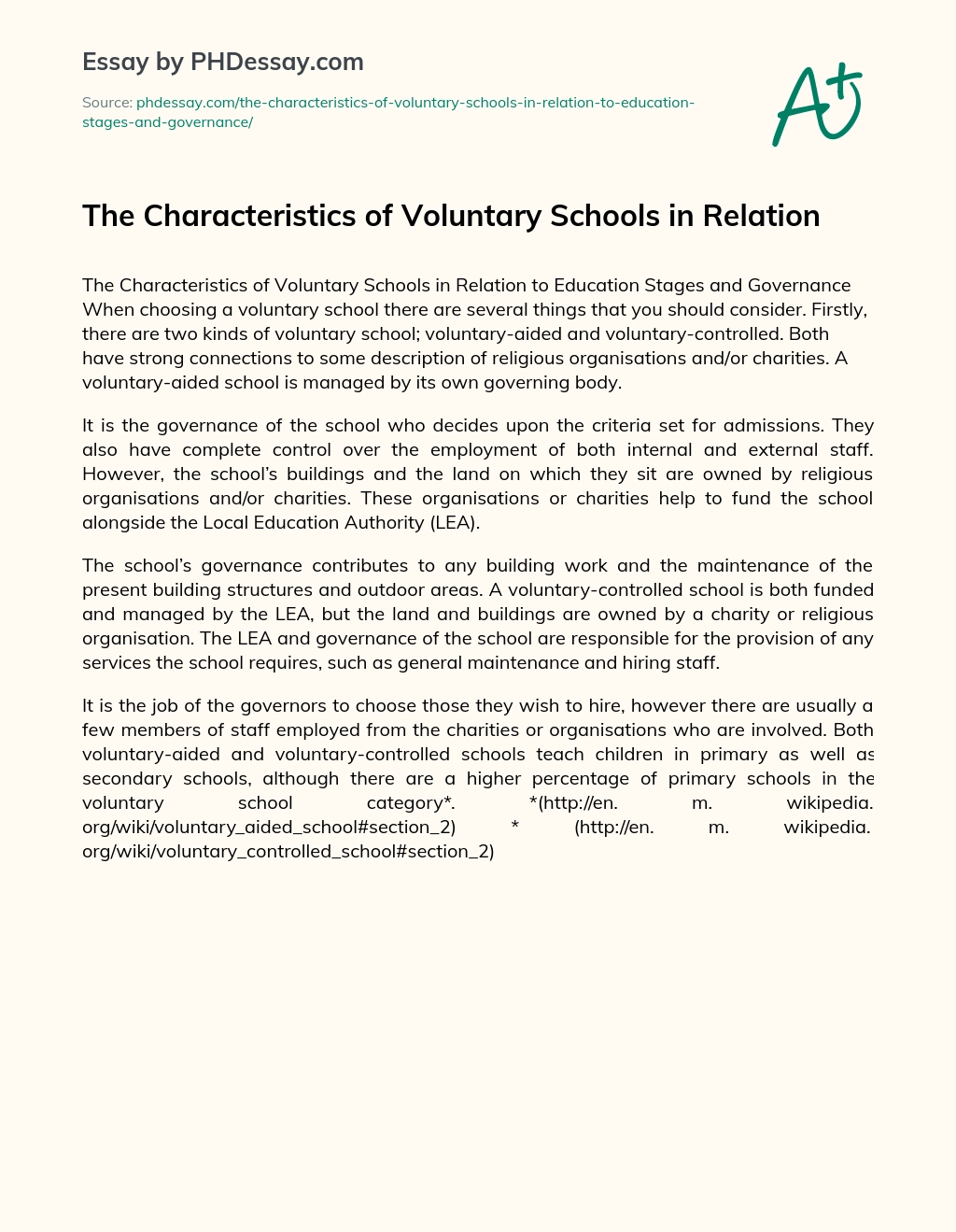 The Characteristics of Voluntary Schools in Relation essay
