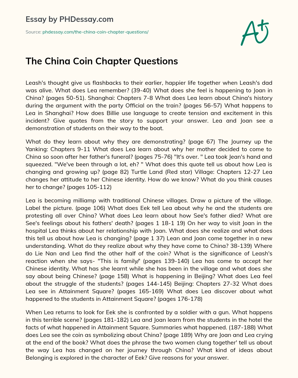 The China Coin Chapter Questions essay