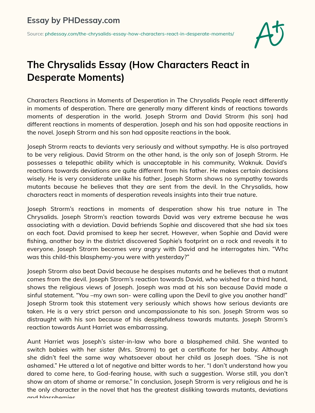 The Chrysalids Essay (How Characters React in Desperate Moments) essay
