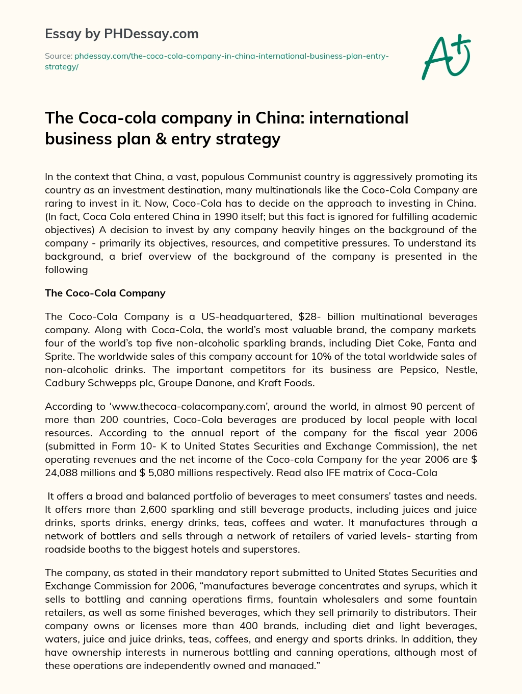 The Coca-cola company in China: international business plan & entry strategy essay