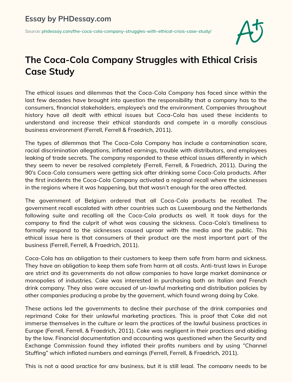 The Coca-Cola Company Struggles with Ethical Crisis Case Study essay