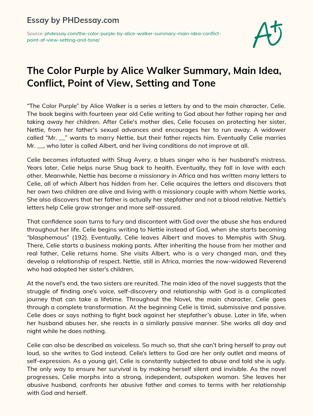 The Color Purple by Alice Walker Summary, Main Idea, Conflict, Point of View, Setting and Tone essay