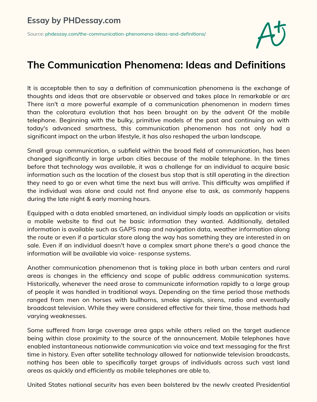 The Communication Phenomena: Ideas and Definitions essay