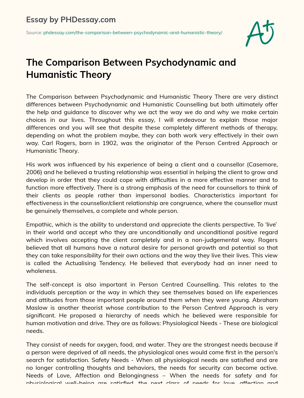 The Comparison Between Psychodynamic and Humanistic Theory essay
