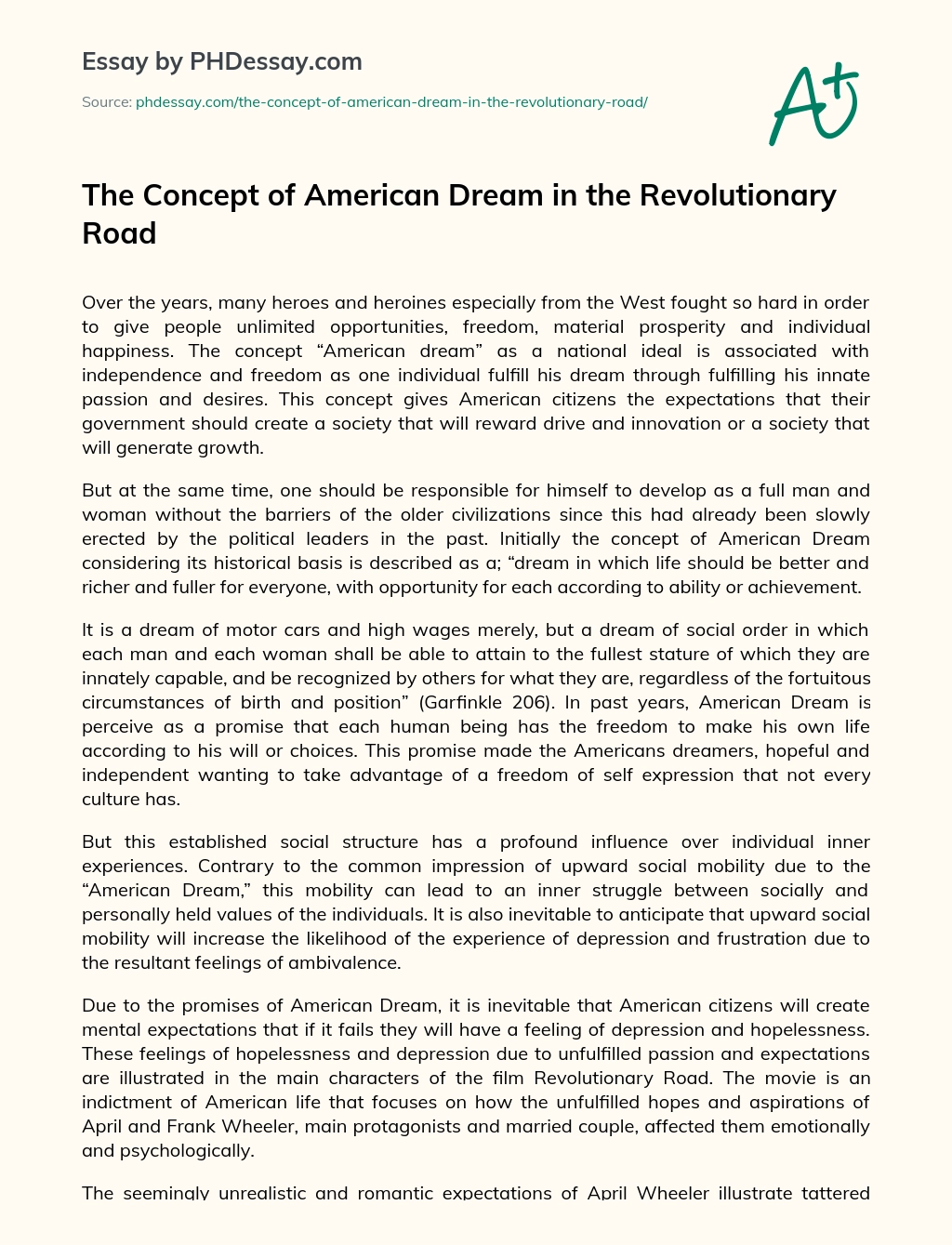 The Concept of American Dream in the Revolutionary Road essay