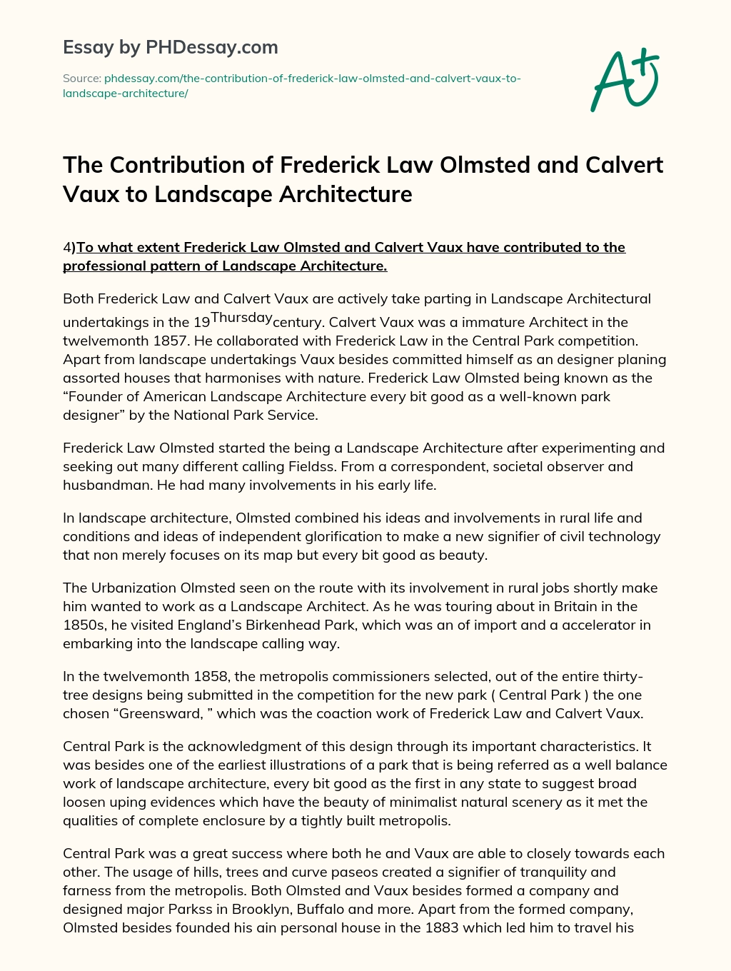 The Contribution of Frederick Law Olmsted and Calvert Vaux to Landscape Architecture essay