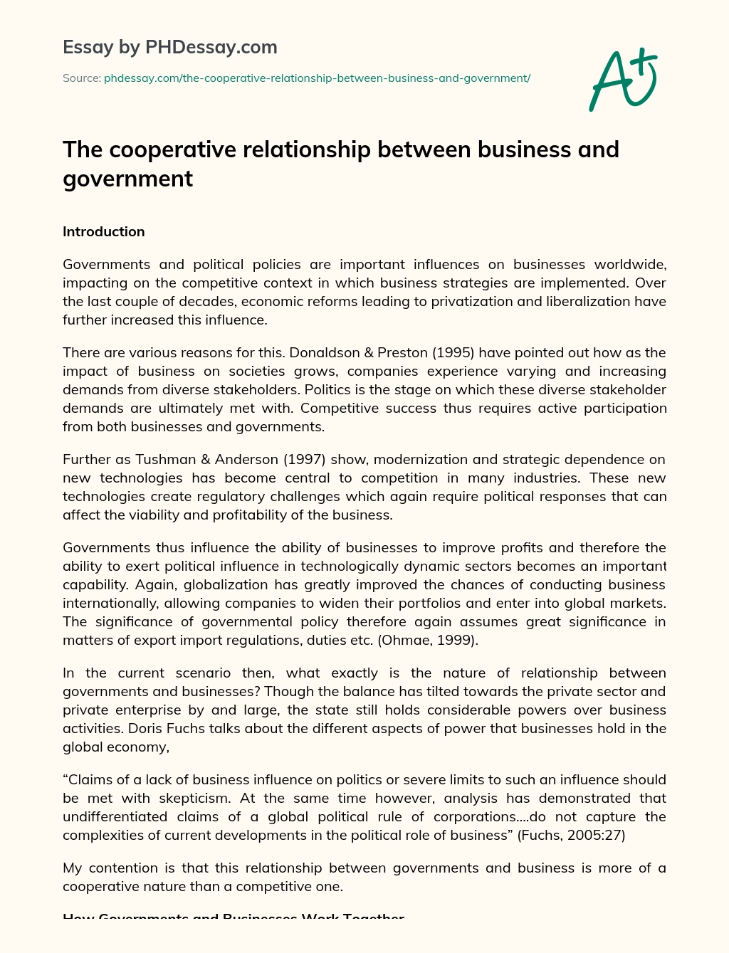 The cooperative relationship between business and government essay