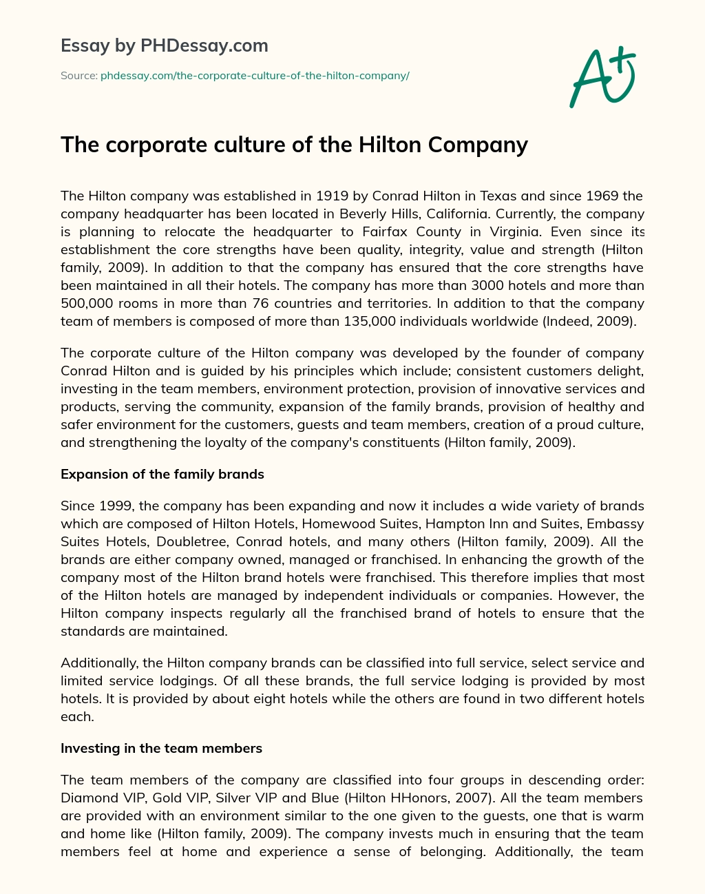 The corporate culture of the Hilton Company essay