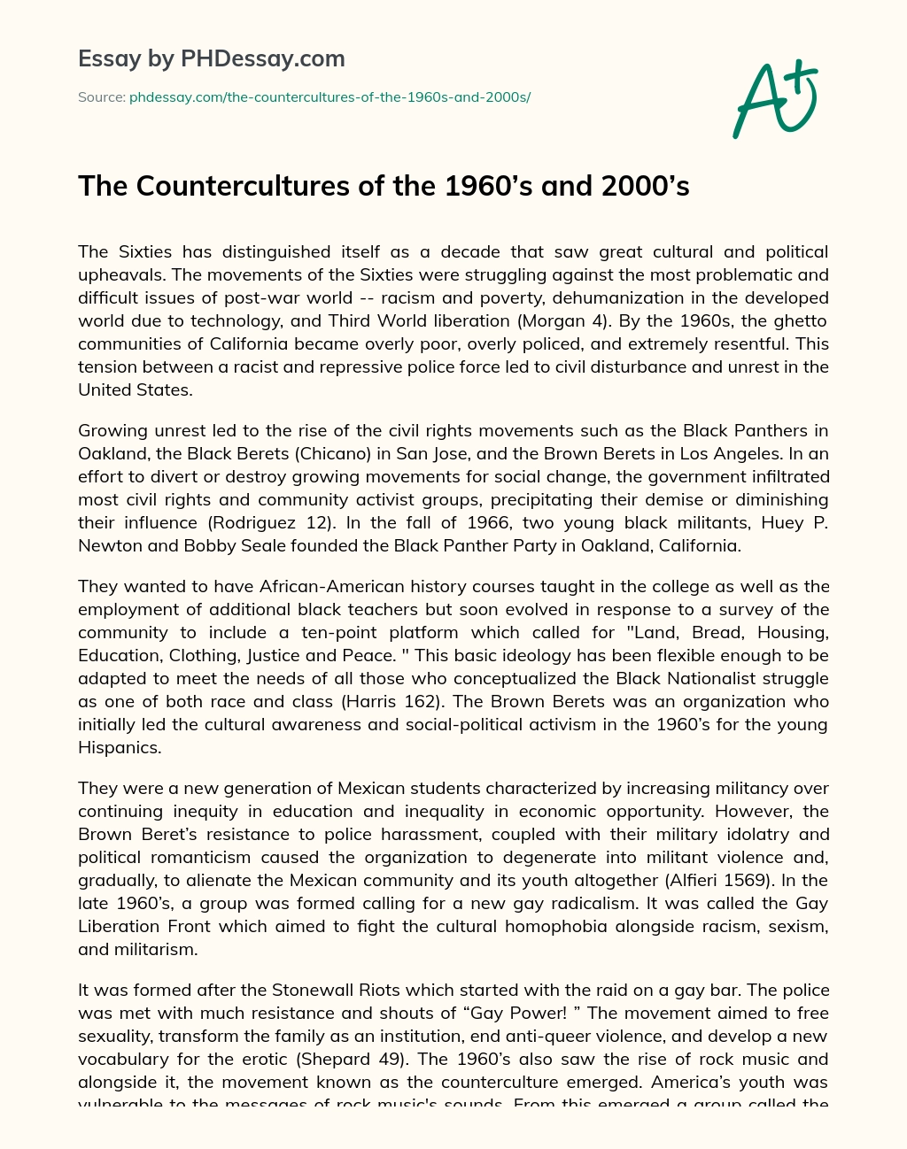 The Countercultures of the 1960’s and 2000’s essay
