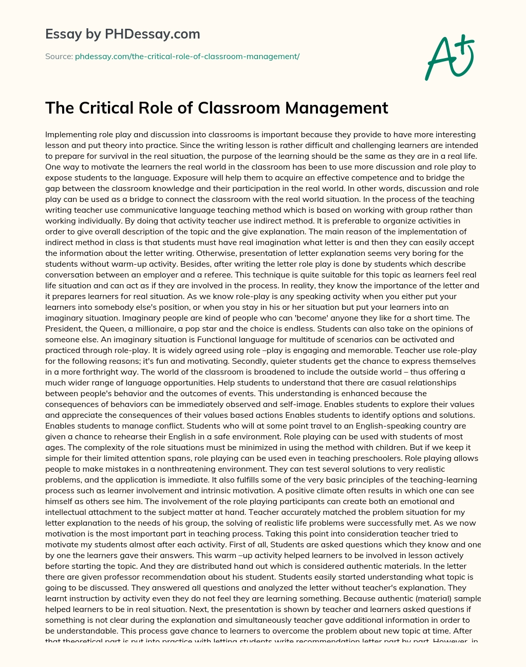 The Critical Role of Classroom Management essay