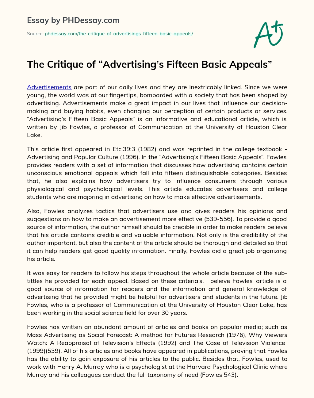 The Critique of “Advertising’s Fifteen Basic Appeals” essay