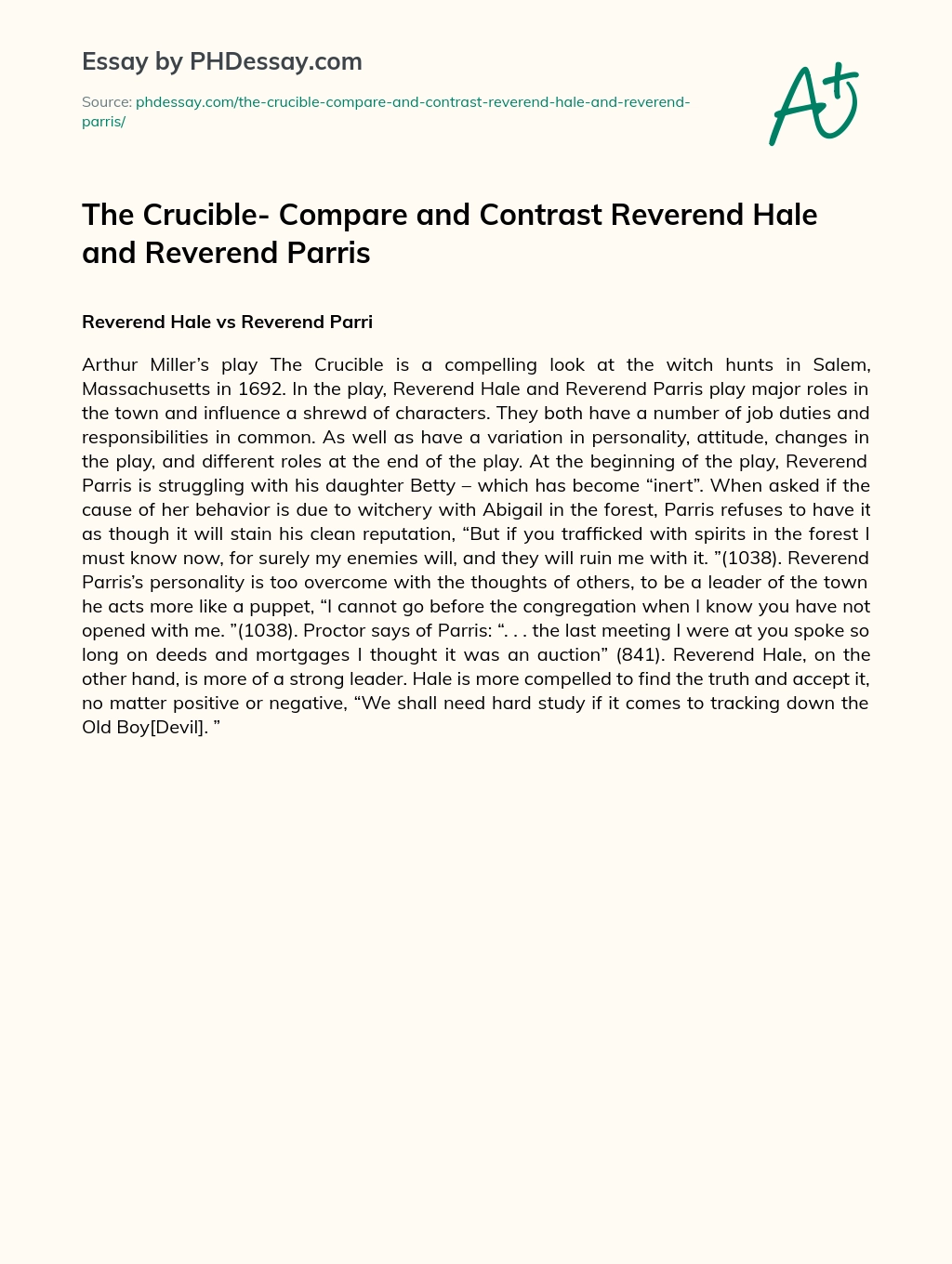 The Crucible- Compare and Contrast Reverend Hale and Reverend Parris essay
