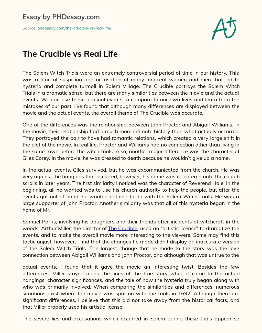 The Crucible vs Real Life essay