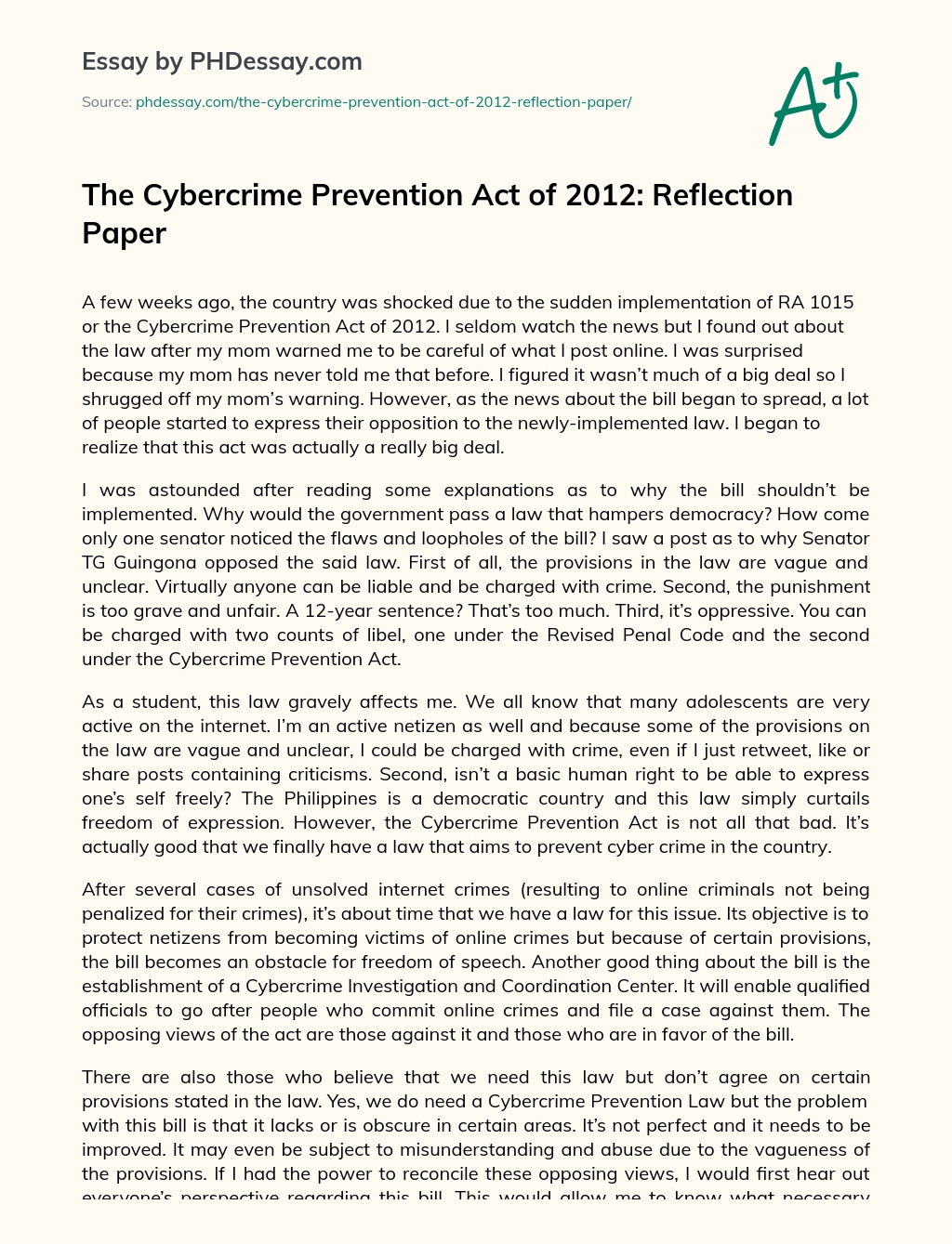 The Cybercrime Prevention Act of 2012: Reflection Paper essay