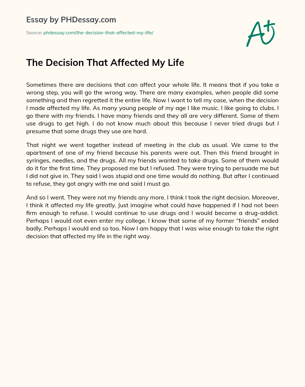 The Decision That Affected My Life essay
