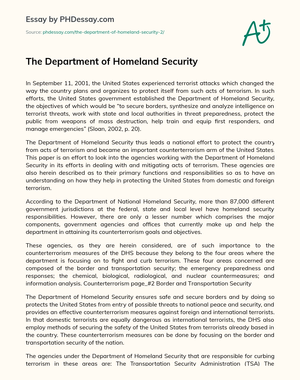 The Department of Homeland Security essay