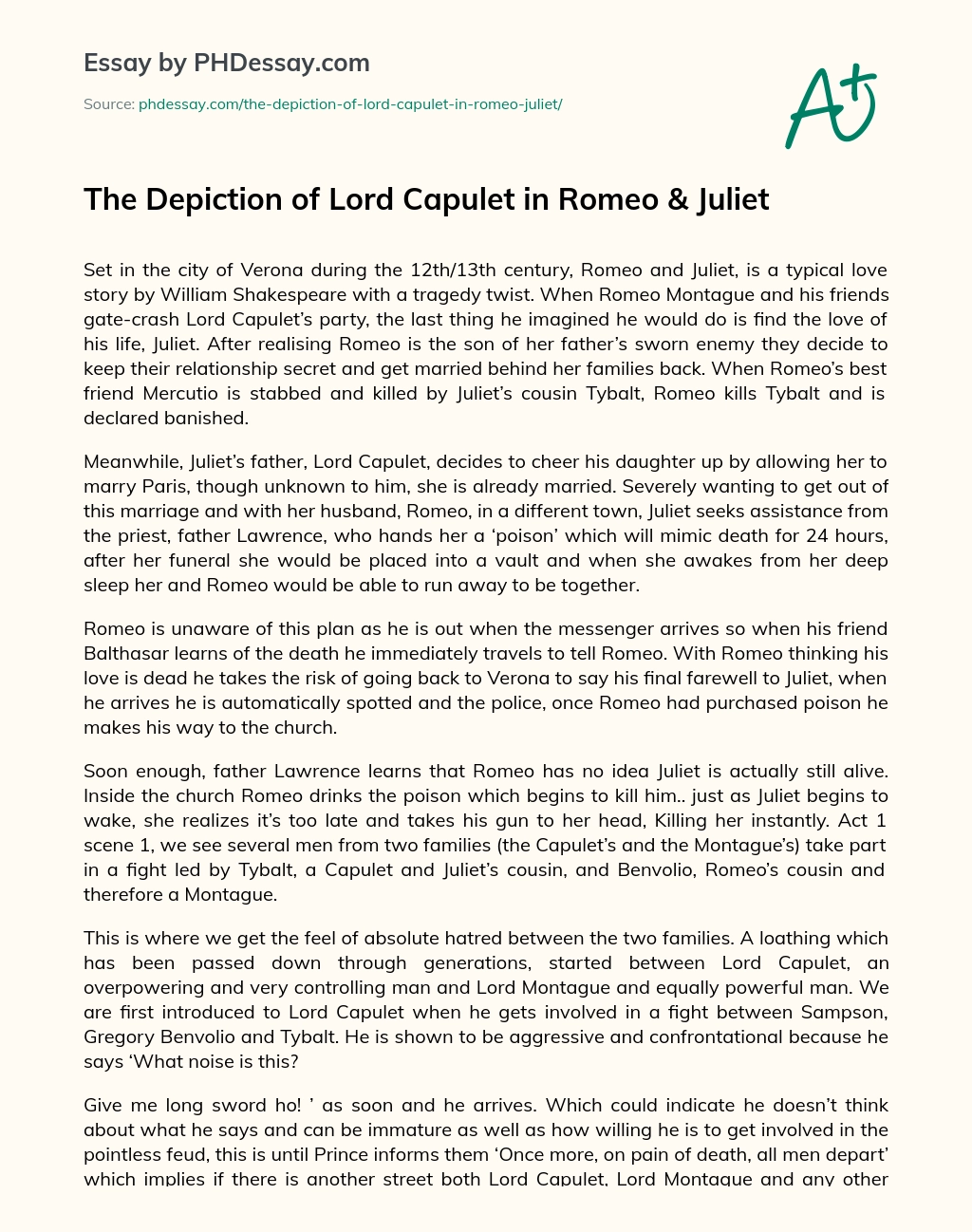 The Depiction of Lord Capulet in Romeo & Juliet essay