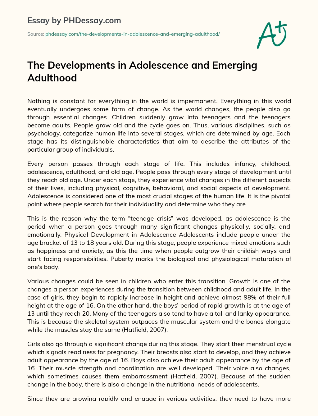 The Developments in Adolescence and Emerging Adulthood essay
