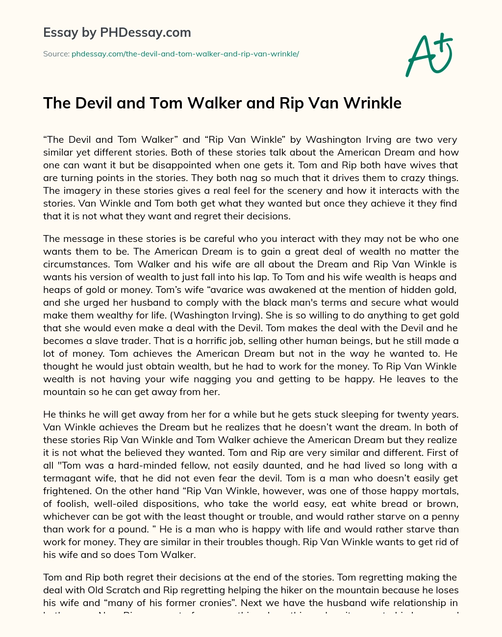 The Devil and Tom Walker and Rip Van Wrinkle essay