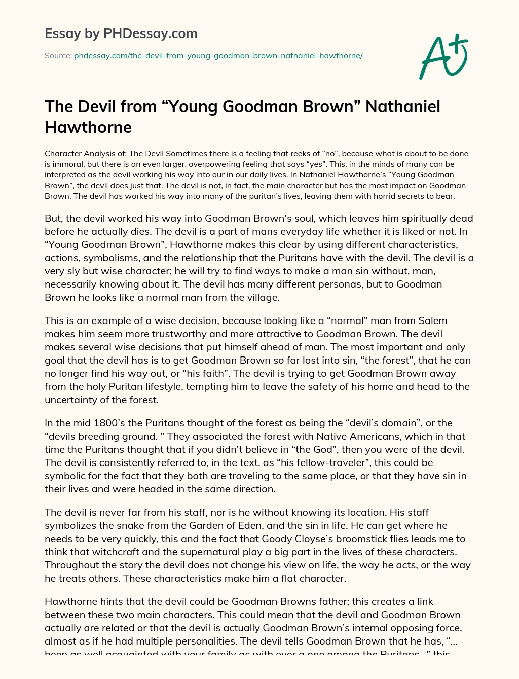 The Devil from “Young Goodman Brown” Nathaniel Hawthorne essay