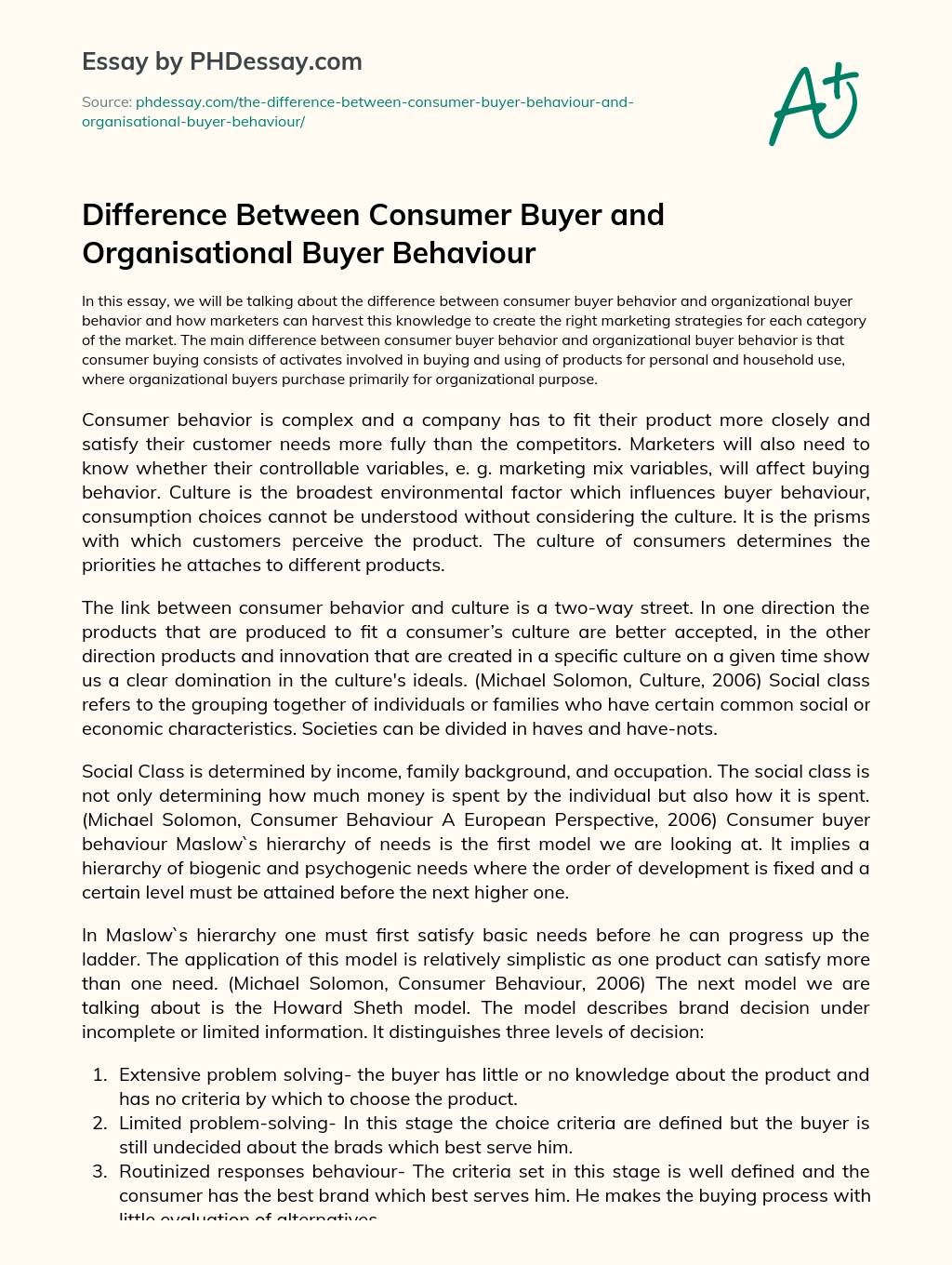 Difference Between Consumer Buyer and Organisational Buyer Behaviour essay