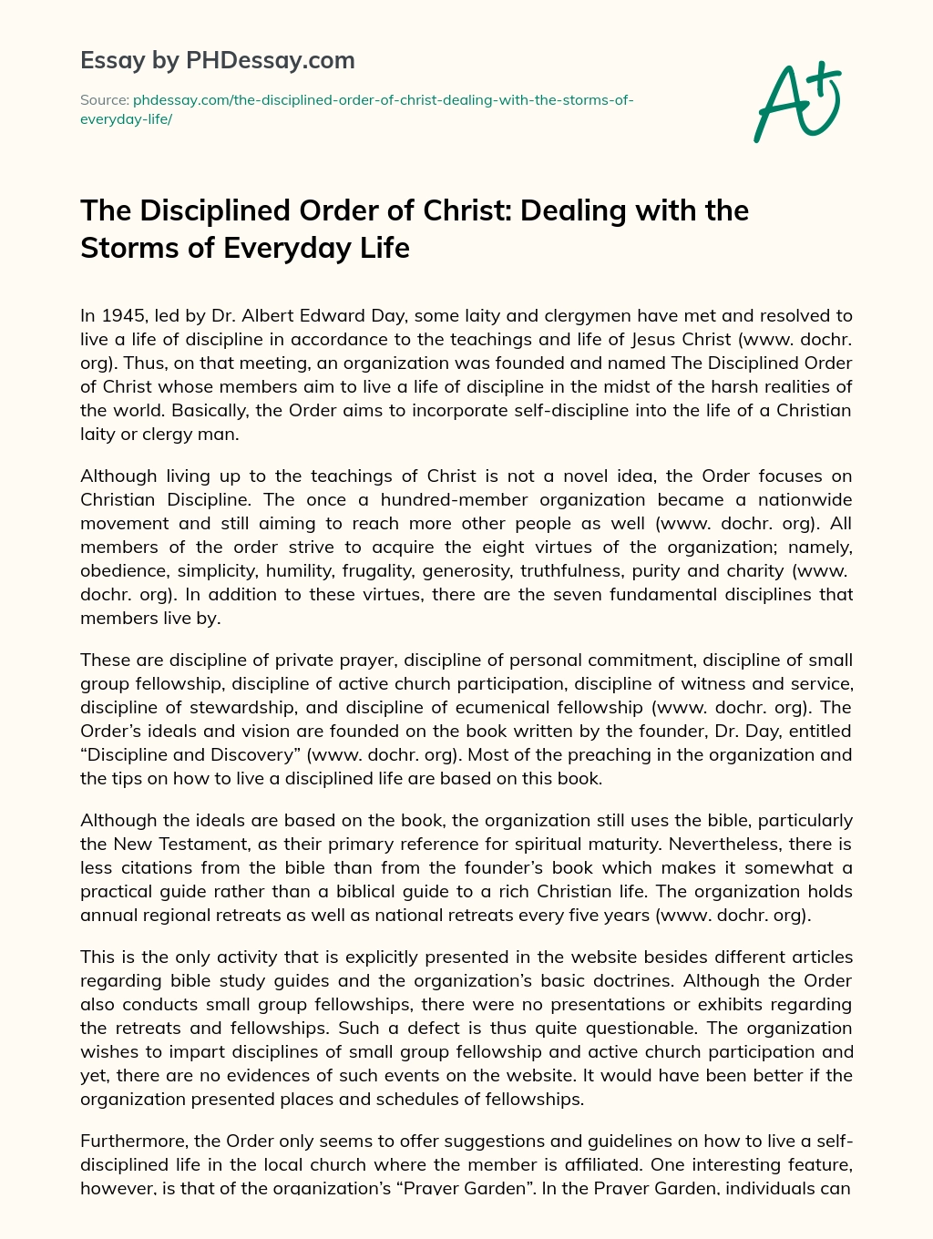 The Disciplined Order of Christ: Dealing with the Storms of Everyday Life essay