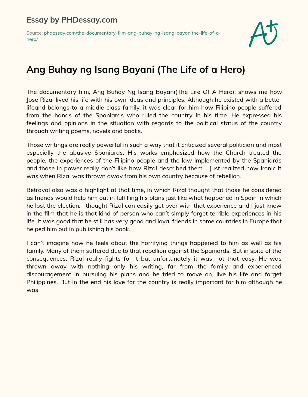 Ang Buhay ng Isang Bayani (The Life of a Hero) essay