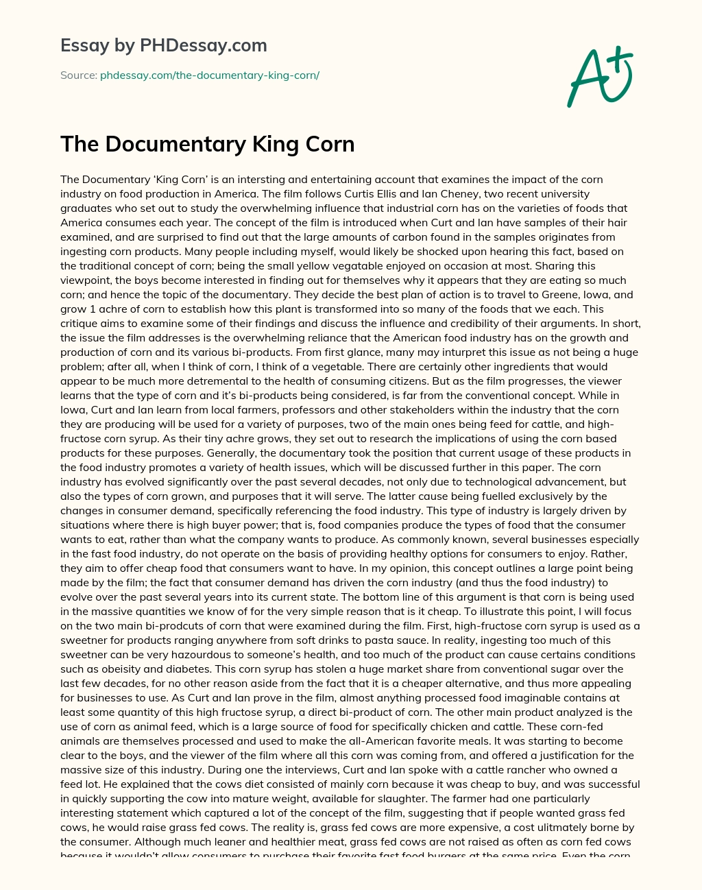The Documentary King Corn essay