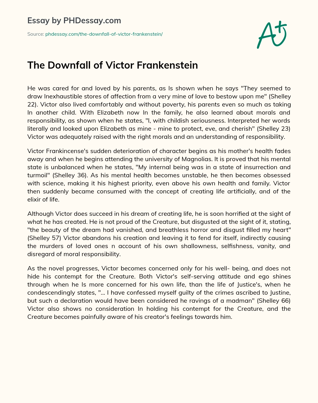 The Downfall of Victor Frankenstein essay