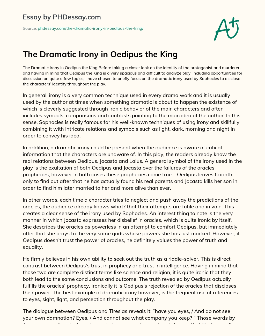 The Dramatic Irony in Oedipus the King essay