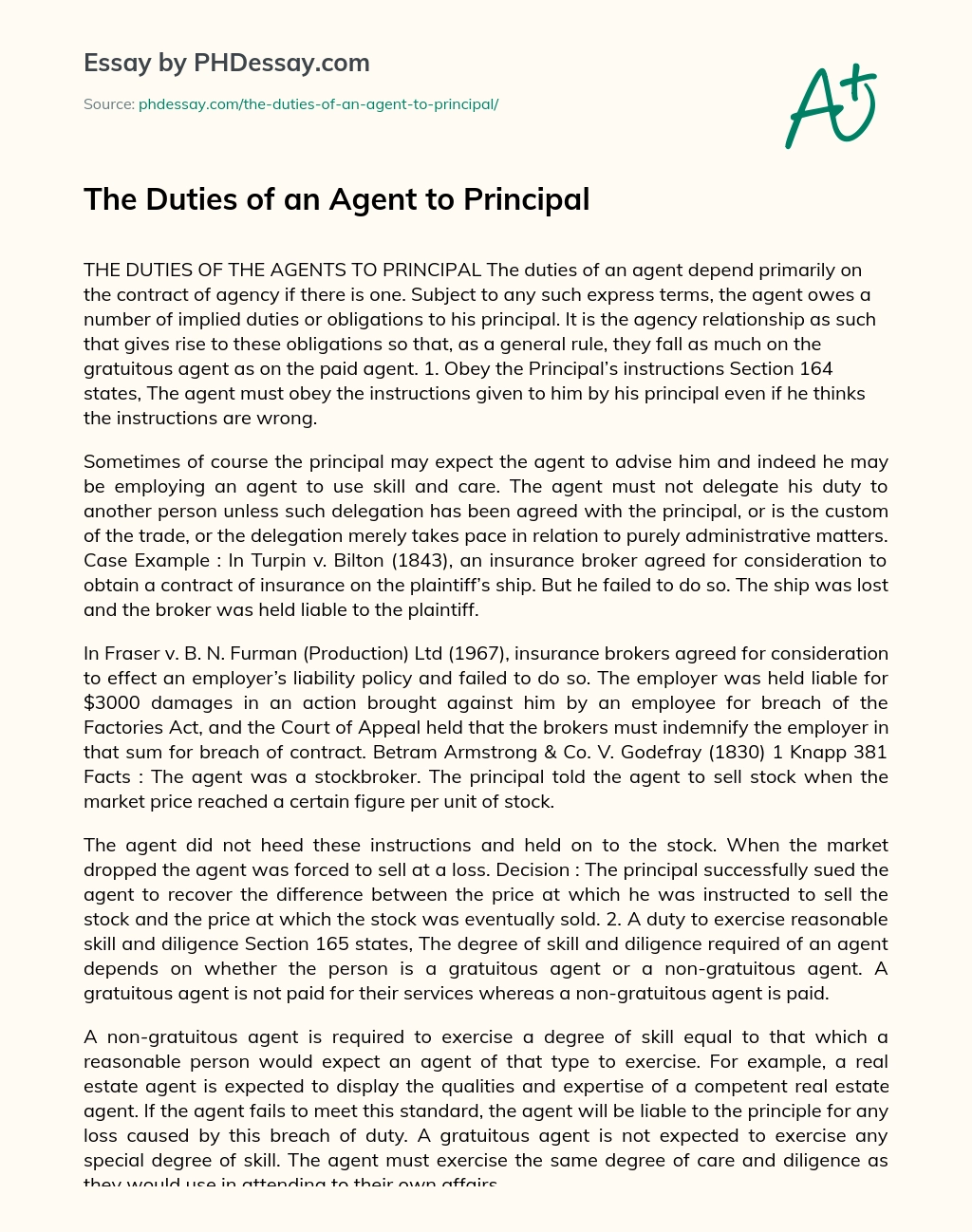The Duties of an Agent to Principal essay