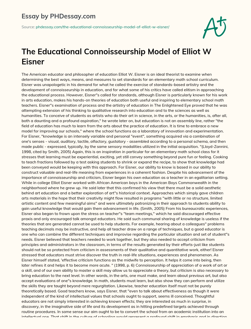 The Educational Connoisseurship Model of Elliot W Eisner essay