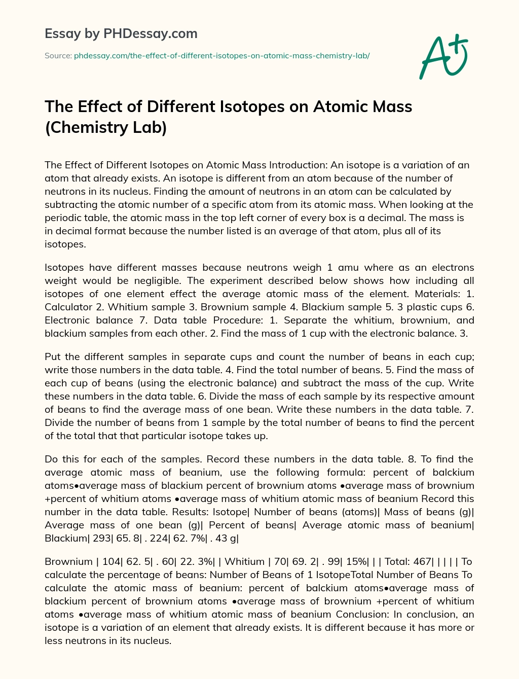 The Effect of Different Isotopes on Atomic Mass (Chemistry Lab) essay
