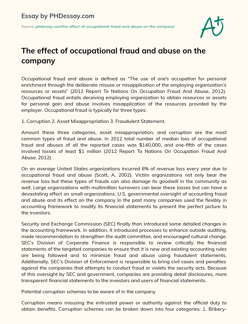 The effect of occupational fraud and abuse on the company essay