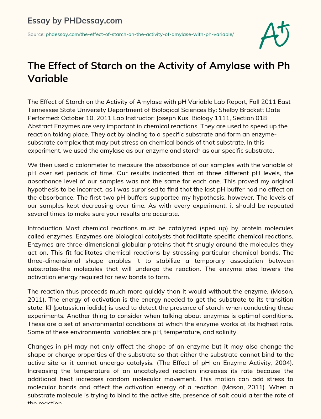 The Effect of Starch on the Activity of Amylase with Ph Variable essay