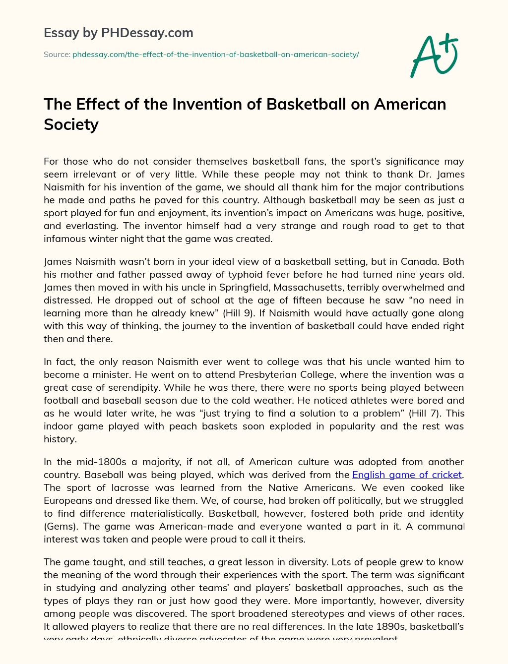 The Effect of the Invention of Basketball on American Society essay