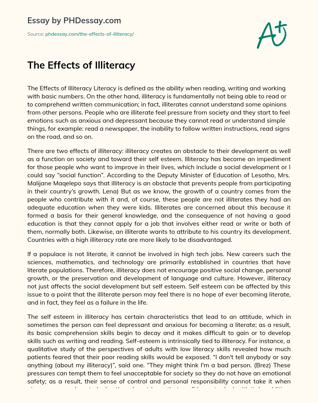 The Effects of Illiteracy essay