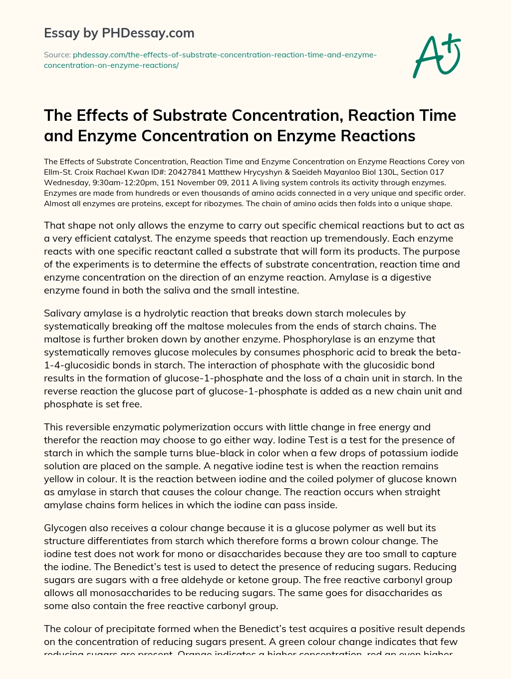The Effects of Substrate Concentration, Reaction Time and Enzyme Concentration on Enzyme Reactions essay