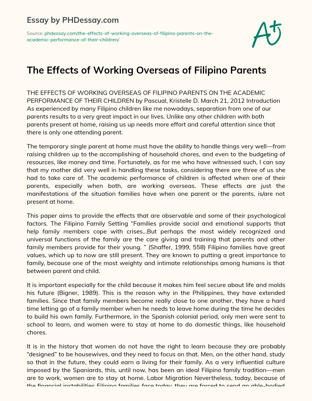 The Effects of Working Overseas of Filipino Parents essay
