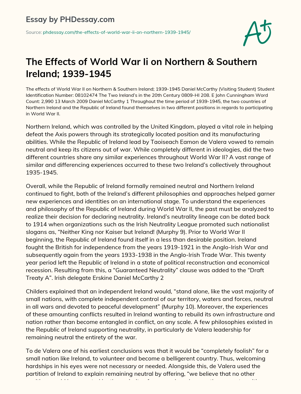 The Effects of World War Ii on Northern & Southern Ireland; 1939-1945 essay