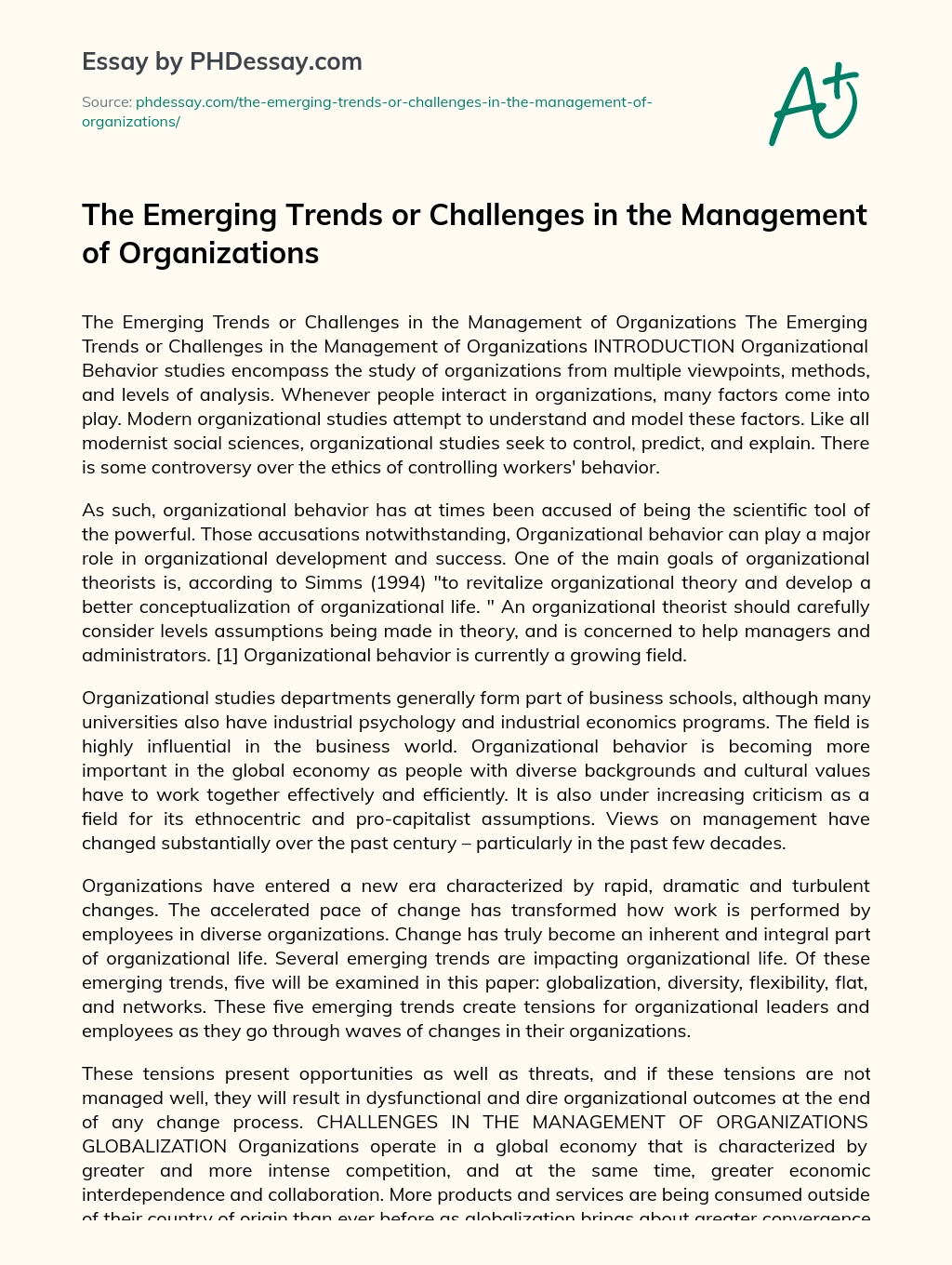 The Emerging Trends or Challenges in the Management of Organizations essay