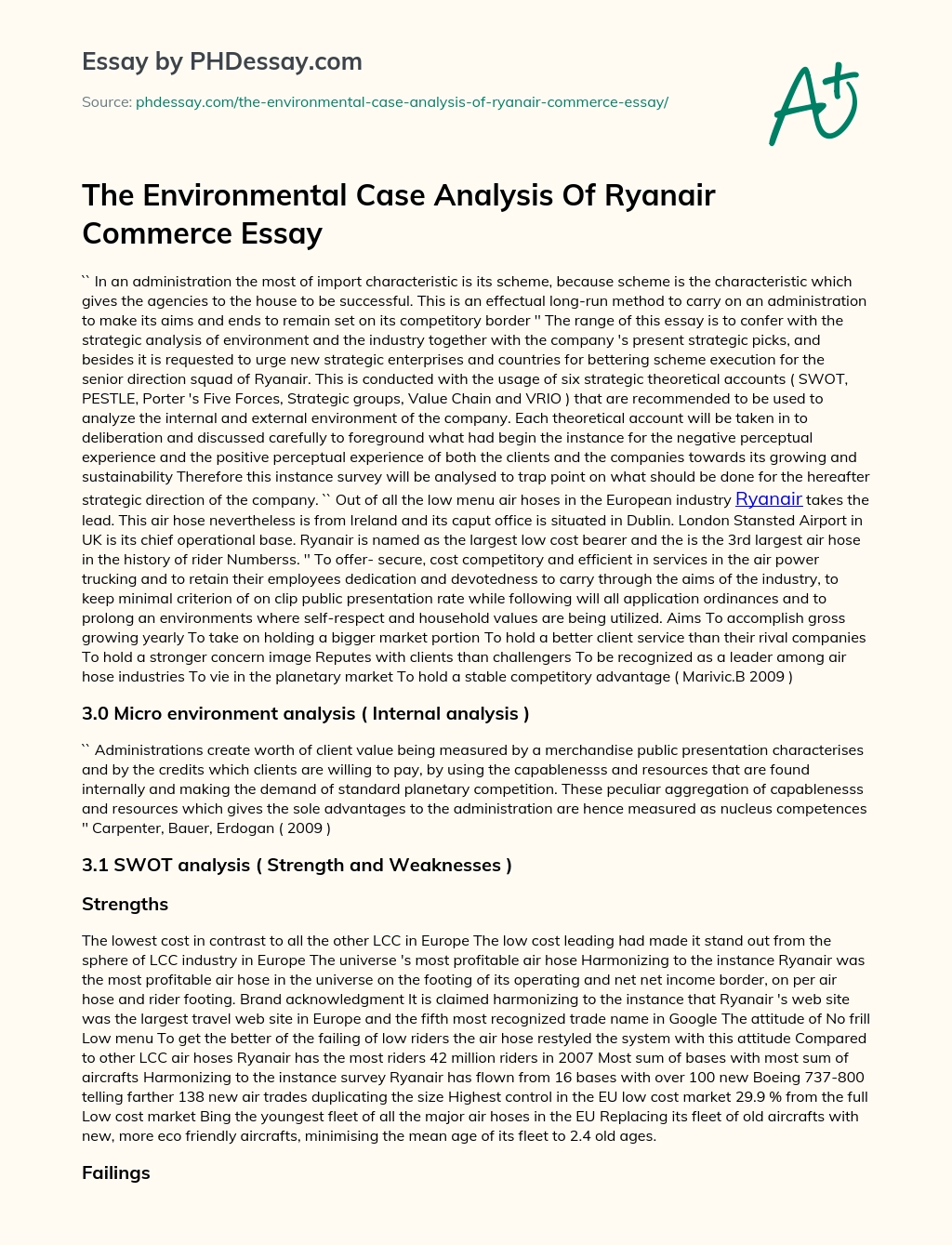 The Environmental Case Analysis Of Ryanair Commerce Essay essay