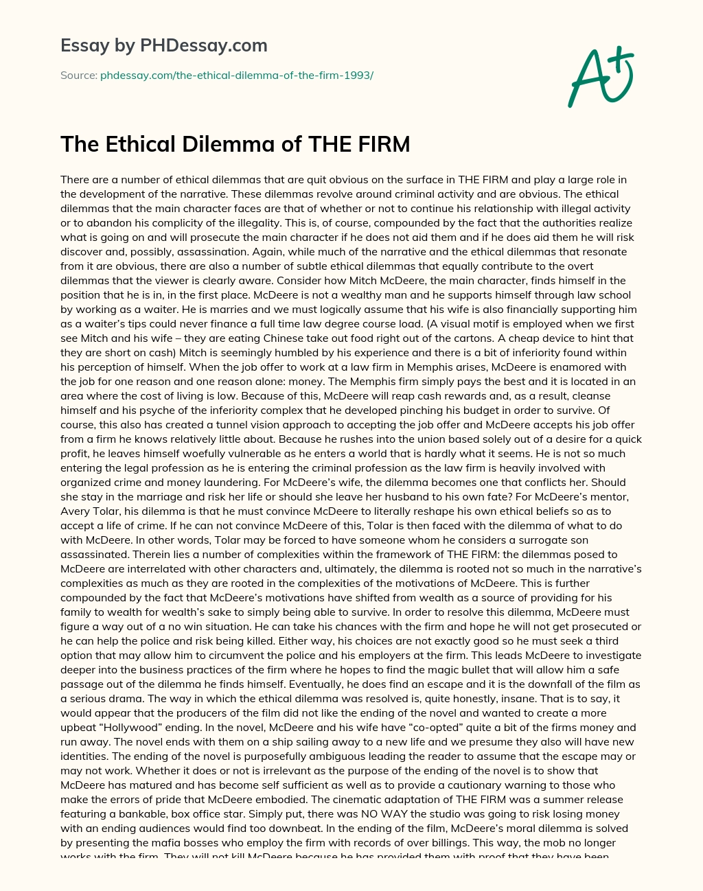The Ethical Dilemma of THE FIRM essay